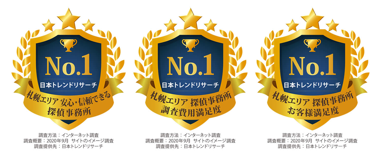 日本トレンドリサーチ『札幌エリア　安心・信頼できる探偵事務所　第1位！』『札幌エリア　探偵事務所　調査費用満足度　第1位！』『札幌エリア　探偵事務所　お客様満足度　第1位！』